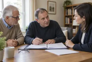 Adulte autiste vieillissant échangeant avec un proche et une professionnelle autour d’un dossier administratif dans un salon lumineux.